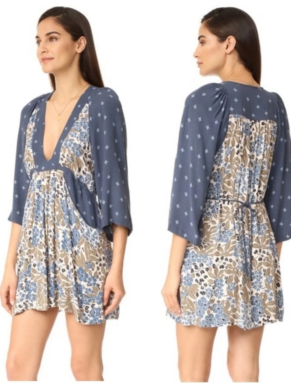 Free People Tallulah Boho Floral V-Neck 3/4 Sleeve Mini Dress Navy & Cream- S